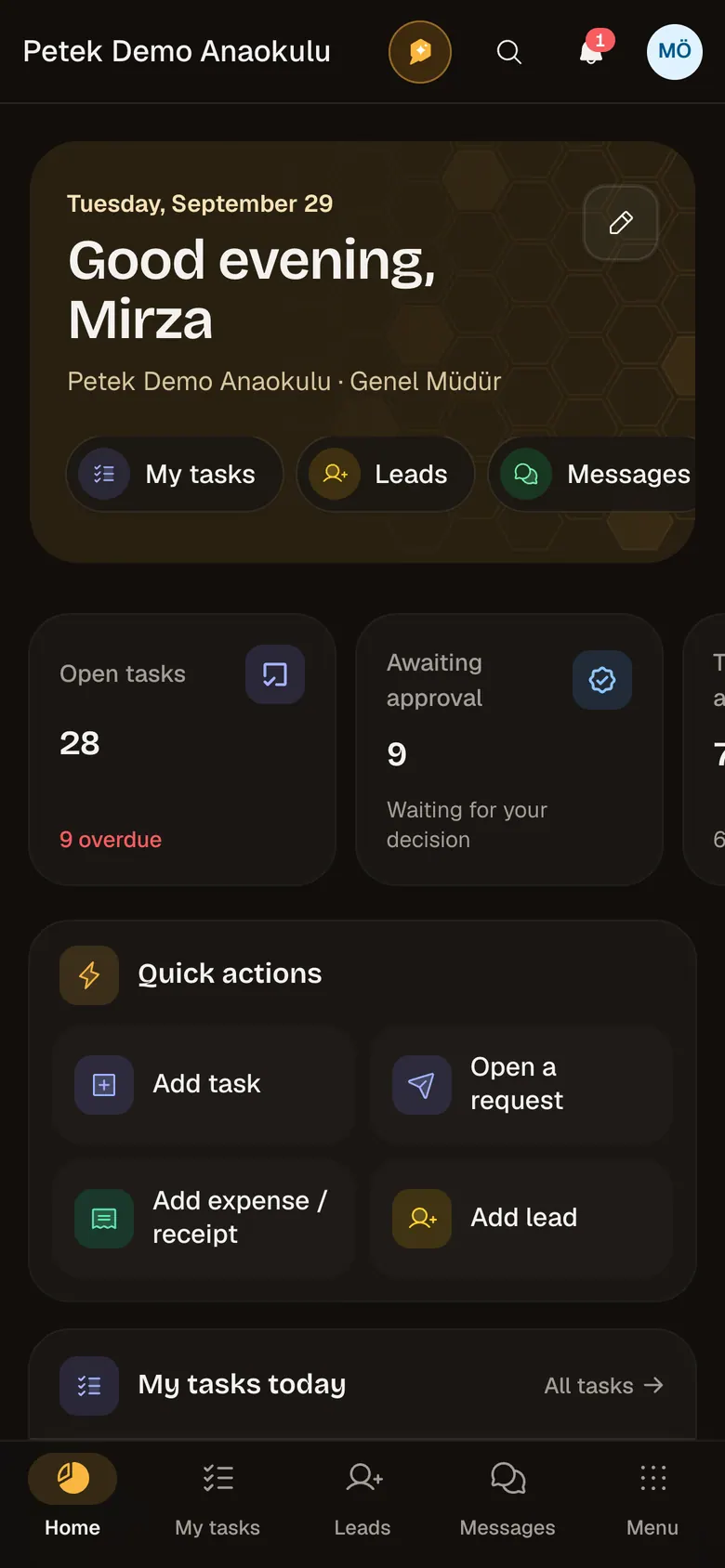 Petek home: today's numbers, tasks and shortcuts