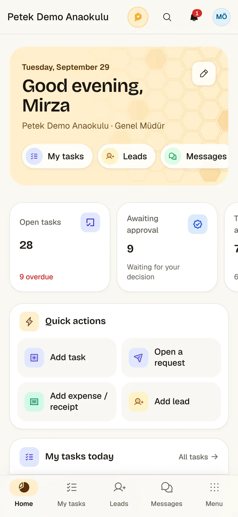 Petek home: today's numbers, tasks and shortcuts